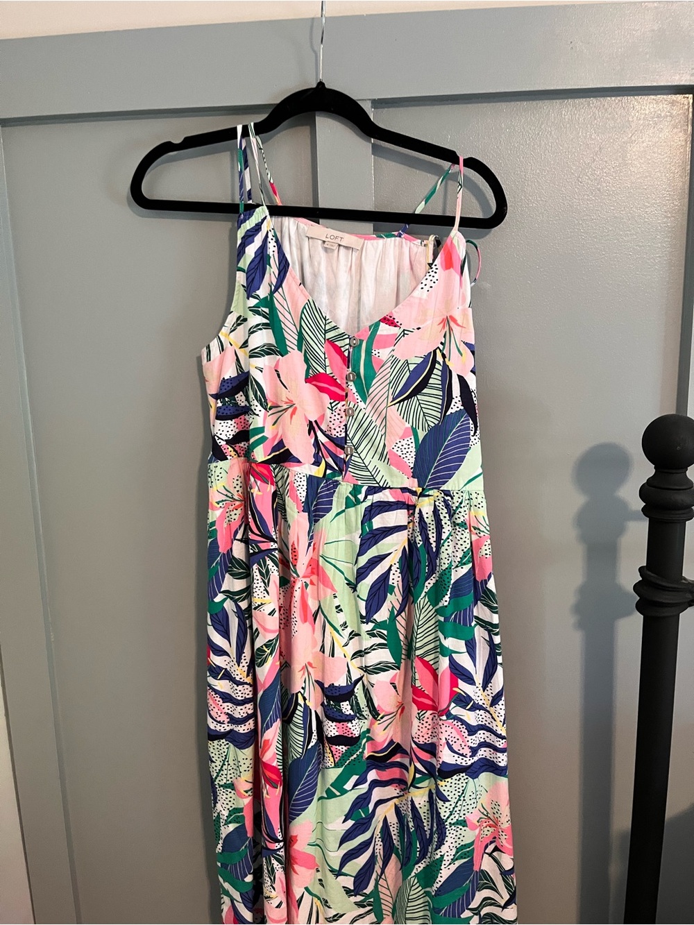 LOFT Tropical Floral Midi Dress - Pink, Green & Blue